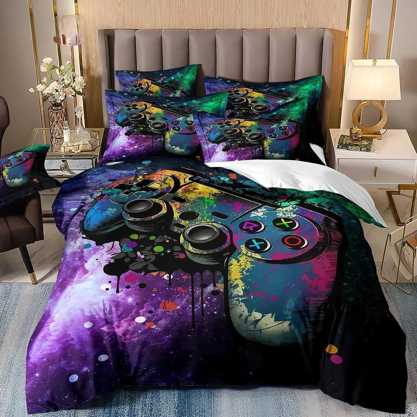 Set biancheria da letto gaming per bambino, copripiumino Queen ispirato ai videogiochi, copripiumino con design PlayStation per ragazzi e uomini giovani