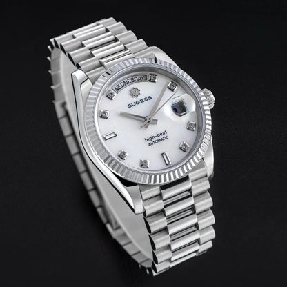 Sugess 36mm Mens of Watch Automatic Dandong Peacock SL3034 Day Movement Sapphire Glass 100m Waterproof Wristwatches MOP Date New