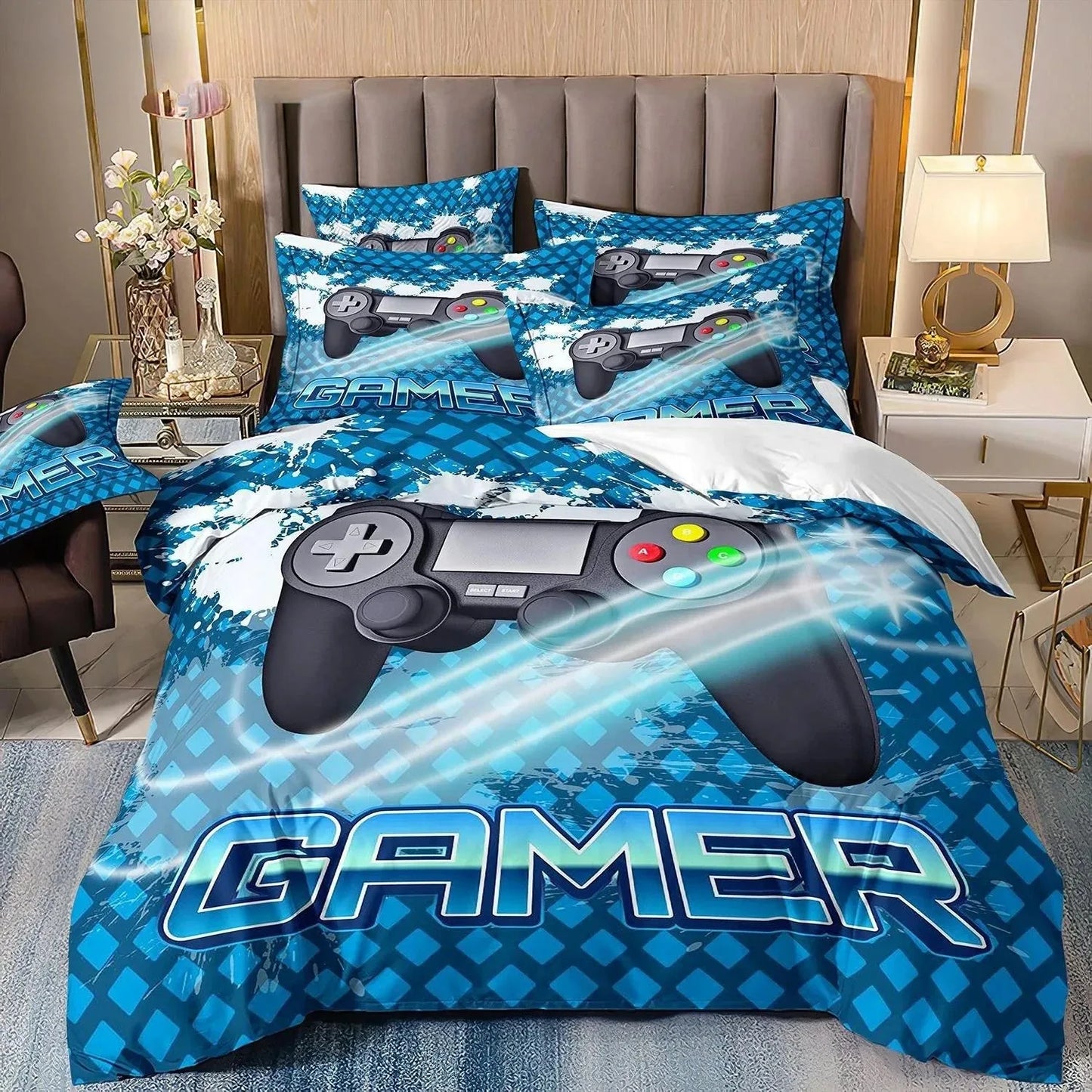 Set biancheria da letto gaming per bambino, copripiumino Queen ispirato ai videogiochi, copripiumino con design PlayStation per ragazzi e uomini giovani