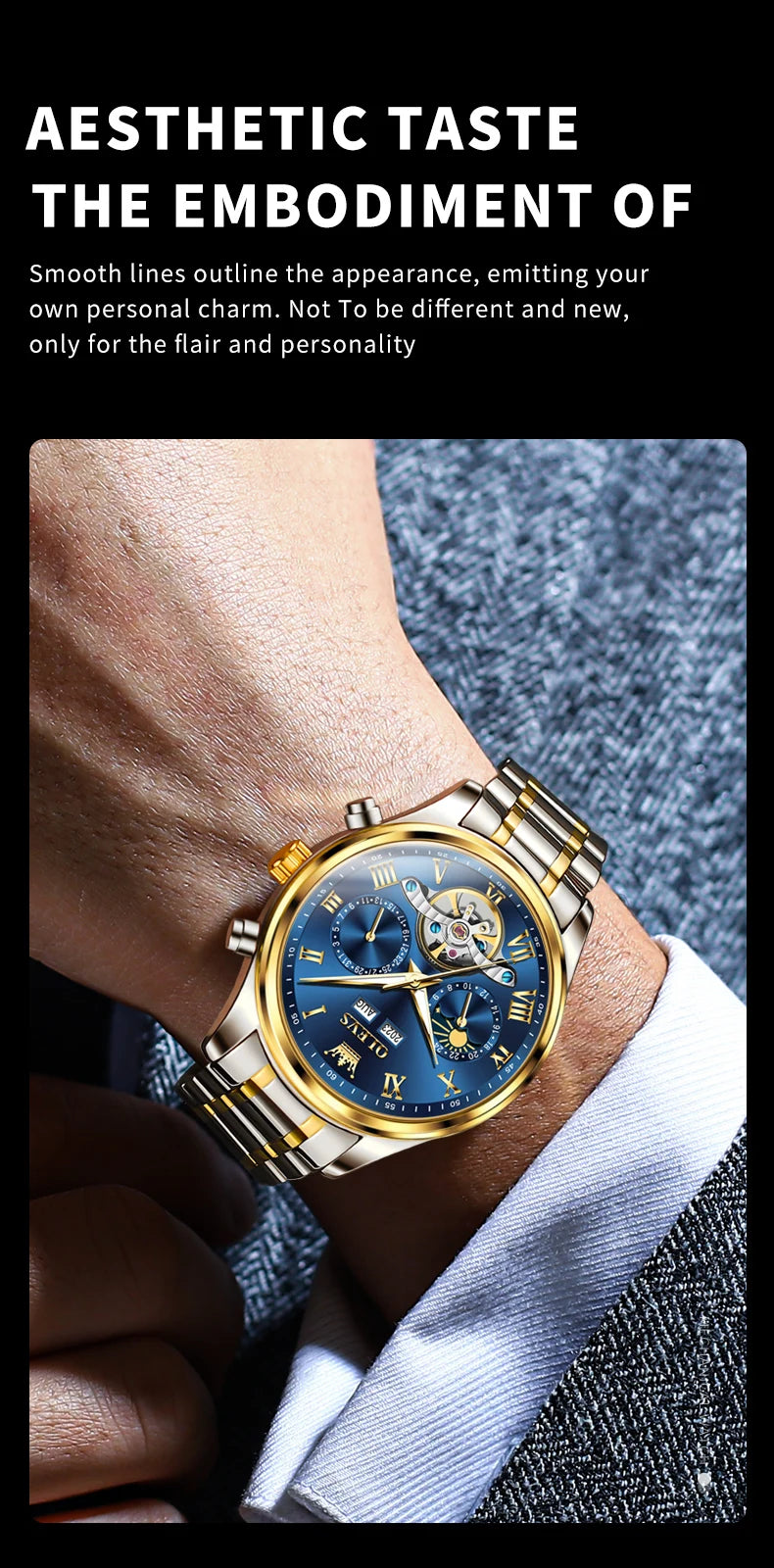 OLEVS 7005 Classic Business Mechanical Wristwatch for Man Skeleton Flywheel 24 Hour Moon Phase  Calendar Luxury Men's Watch