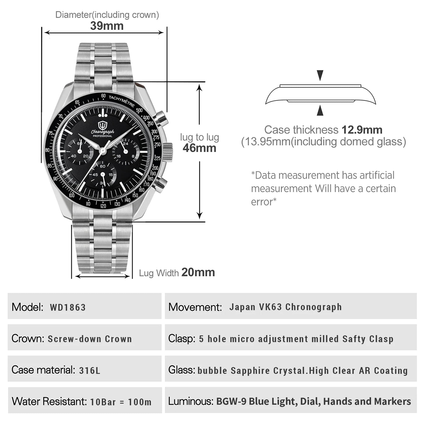 Relógio Masculino Watchdives New Wd1863 Quartz VK63 Chronograph, Safira Abaulada, Impermeável, 39Mm, Aço, Marca Premium, Luxo Business