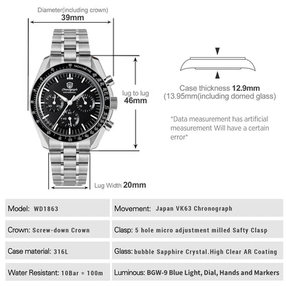 Relógio Masculino Watchdives New Wd1863 Quartz VK63 Chronograph, Safira Abaulada, Impermeável, 39Mm, Aço, Marca Premium, Luxo Business