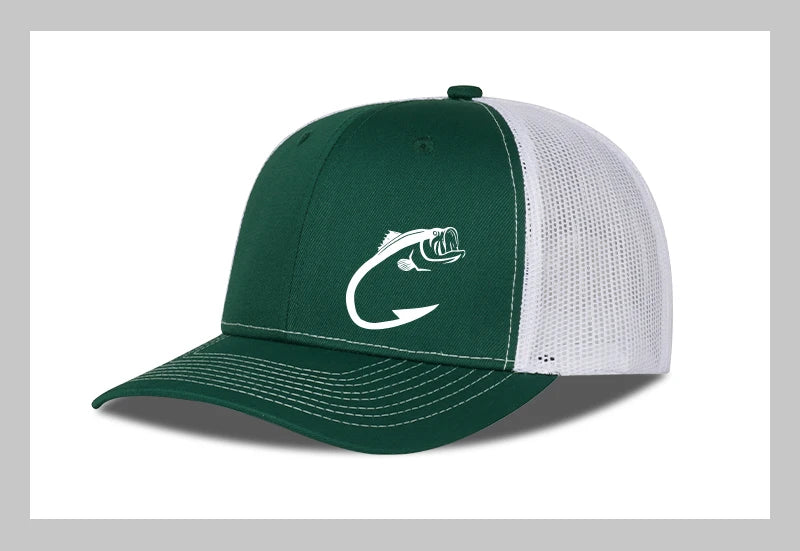 Trucker-kasket med bass-fiskekrog-print, justerbar, unisex, mesh, til fiskeentusiaster, solhat