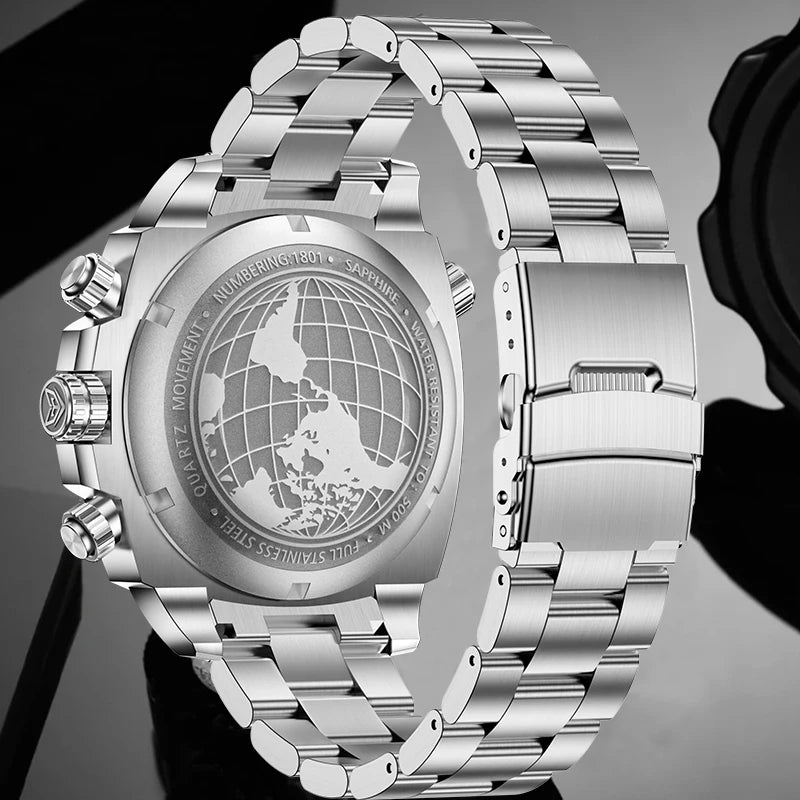 FeelNever Sport Automatic Movement Quartz Watch Stainless Steel Sapphire Crystal Watches for Men 500M Waterproof Clocks Watch for Men
