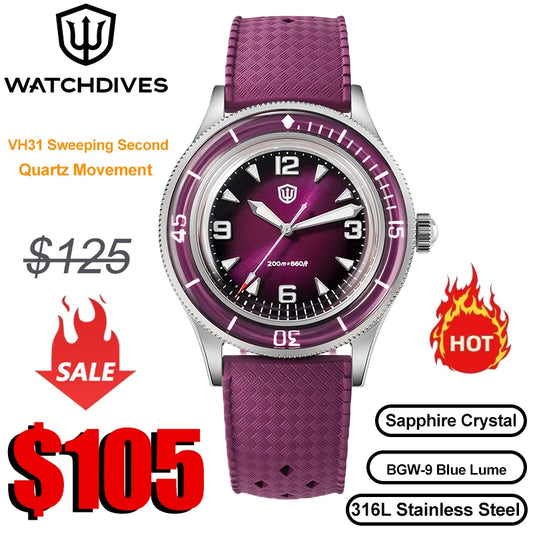 Watchdives 50-Fathoms Watch VH31 Sweep Seconds Quartz Movement Luminous 200m Waterproof Sapphire Stainless Steel  Watches WD50Q