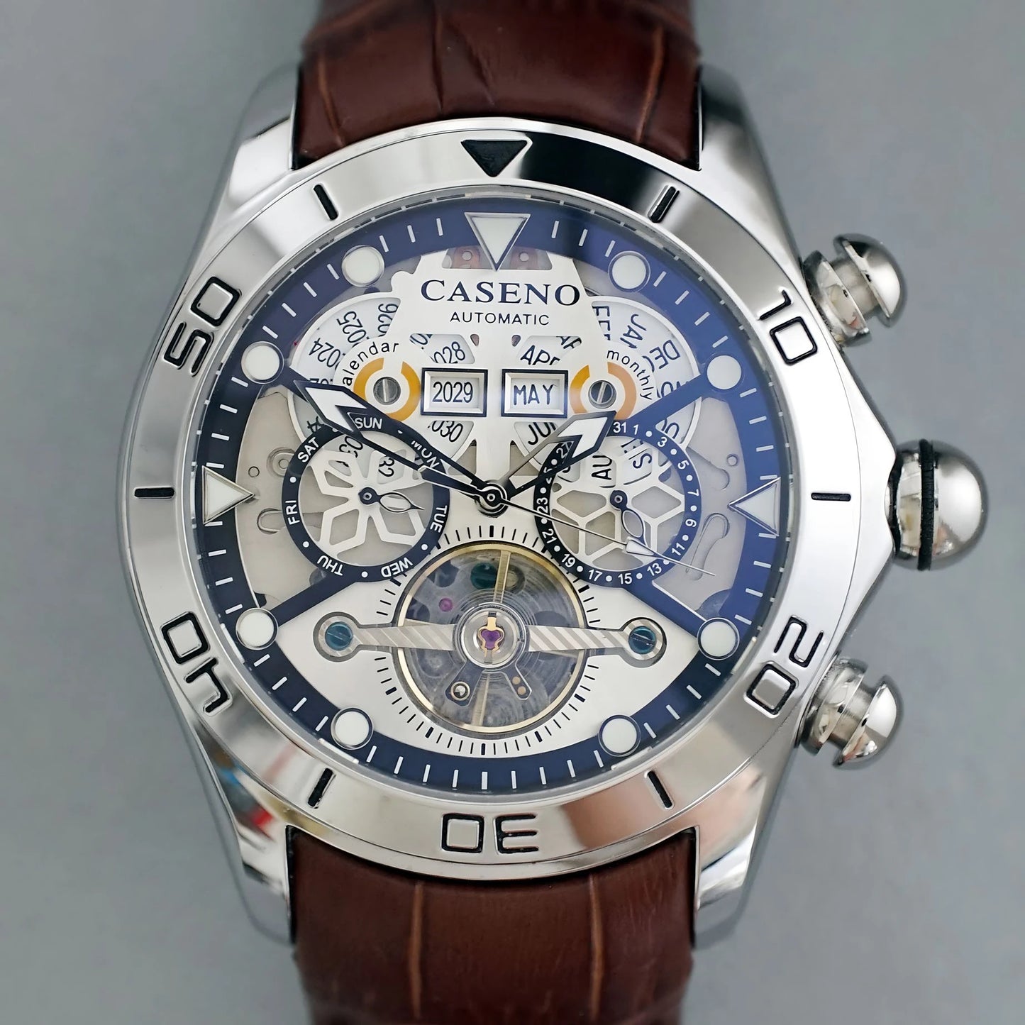 CASENO Brand Bubble Perpetual Calendar Fully Automatic Tourbillon Large Dial Mechanical Watch Belt Watch -58284G