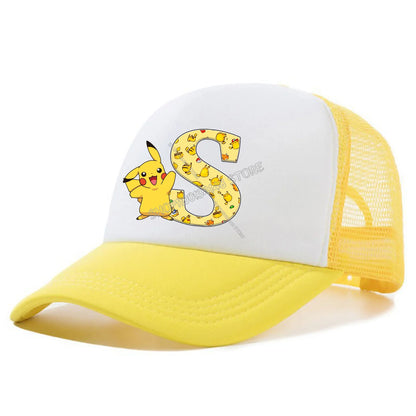 Cappellino con visiera Pokemon Pikachu, cappellini da baseball con lettere A-Z in stile cartone animato, cappellino estivo alla moda in rete traspirante, cappellino coordinato genitore-figlio, cappotto da bambino, regalo per bambini
