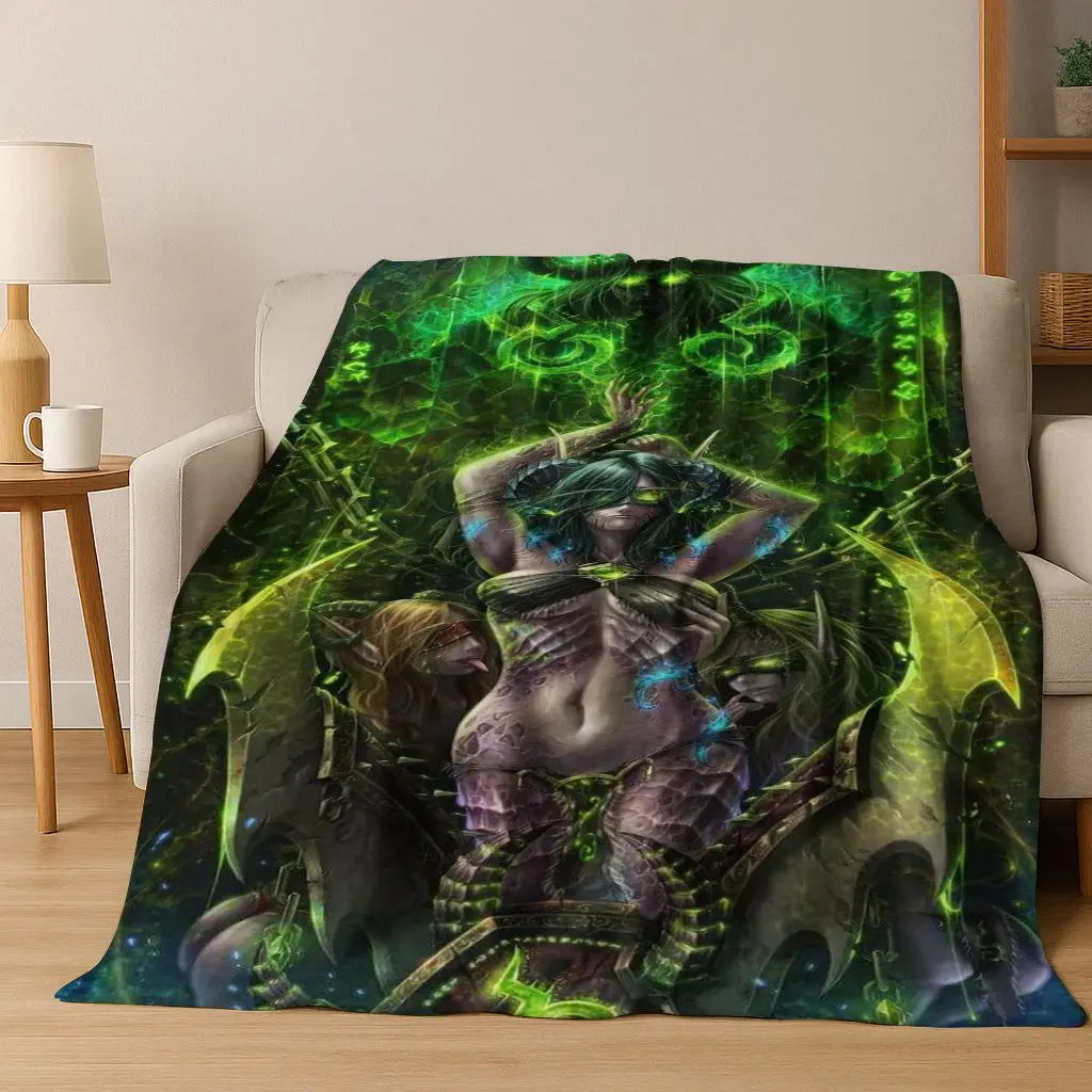 WOW World of Warcraft Arthas Demon Illidan Sylvanas flanellen deken, comfortabele zachte plaid voor thuis, slaapkamer, bed, bankovertrek of cadeau