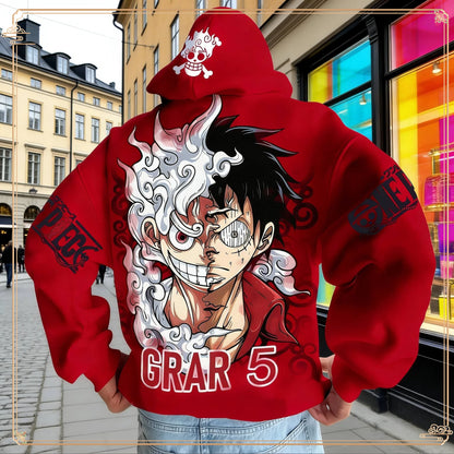 One Piece Luffy Gear 5 Hoodie Pants Set Red Cotton Tracksuit with Character Print on Hoodie Front Pant Side Loose Fit Two Piece