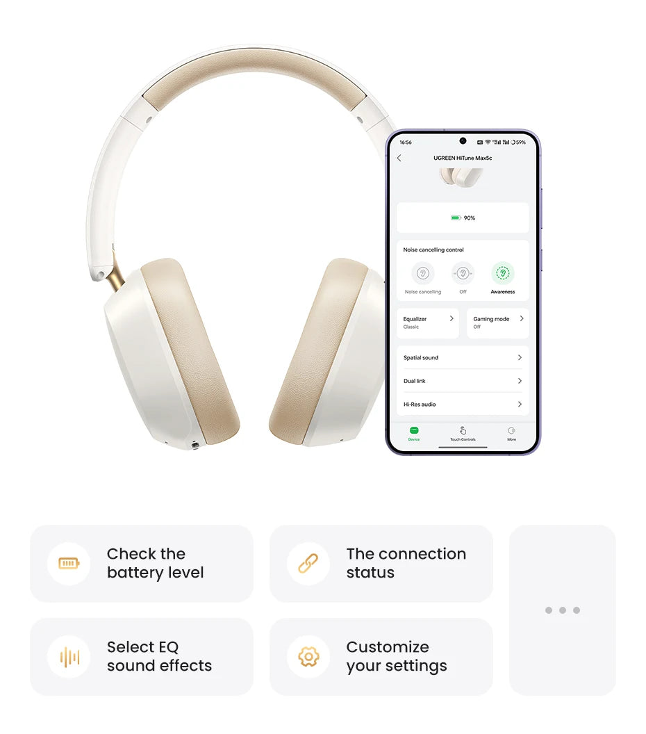 UGREEN Max5c Wireless Bluetooth Headphones ANC 43dB – Hi-Res LDAC Noise Cancelling Headphones with Spatial Audio & 75H Battery Life