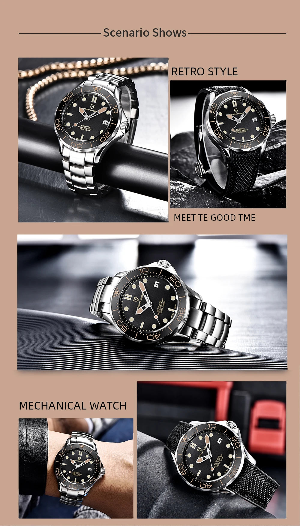 PAGANI DESIGN Men's Watches Mechanical Automatic Watch Sport Ceramic Bezel Luminous Stainless Steel Waterproof Top Watch for Men