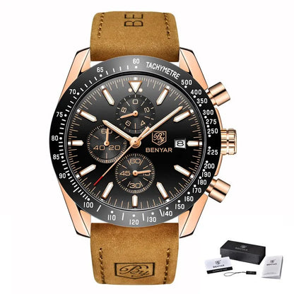 BENYAR Luxusuhren für Herren – Quarz-Armbanduhren mit Lederarmband, wasserdicht bis 30 m, sportlicher Stil.