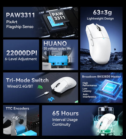 ATTACK SHARK X11 Gaming Mouse and X11 SE Wireless Mouse 22000 DPI, PAW3311 Sensor, BT/2.4G/Wired, 59g Lightweight, 2000W Clicks