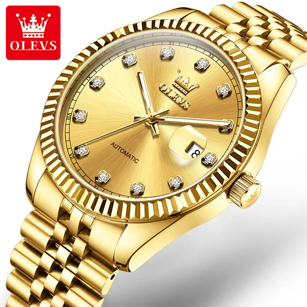 OLEVS New Automatic Watches Man Original Luxury Diamond Dial Stainless Steel Waterproof Auto Date Mechanical Watch for Men 6743