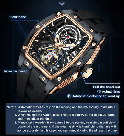 MINI FOCUS Men's Wristwatch Fashion Black Waterproof Automatic Mechanical Watch with Luminous Hands Silicone Strap Tonneau Dial