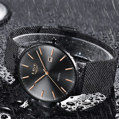 Męski zegarek LIGE, elegancki i luksusowy model, ultracienki, wodoodporny, z bransoletą siatkową, mechanizmem kwarcowym, wyświetlaczem daty i kalendarzem – idealny do profesjonalnego stylu.