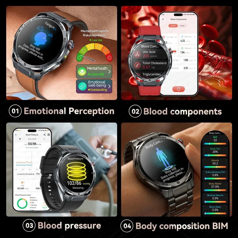 Smart Watch Men High-end Health Blood Pressure Blood Oxygen Lipids Uric Acid Sapphire Smart Watches Ai GPT Custom Dial ECG 2026