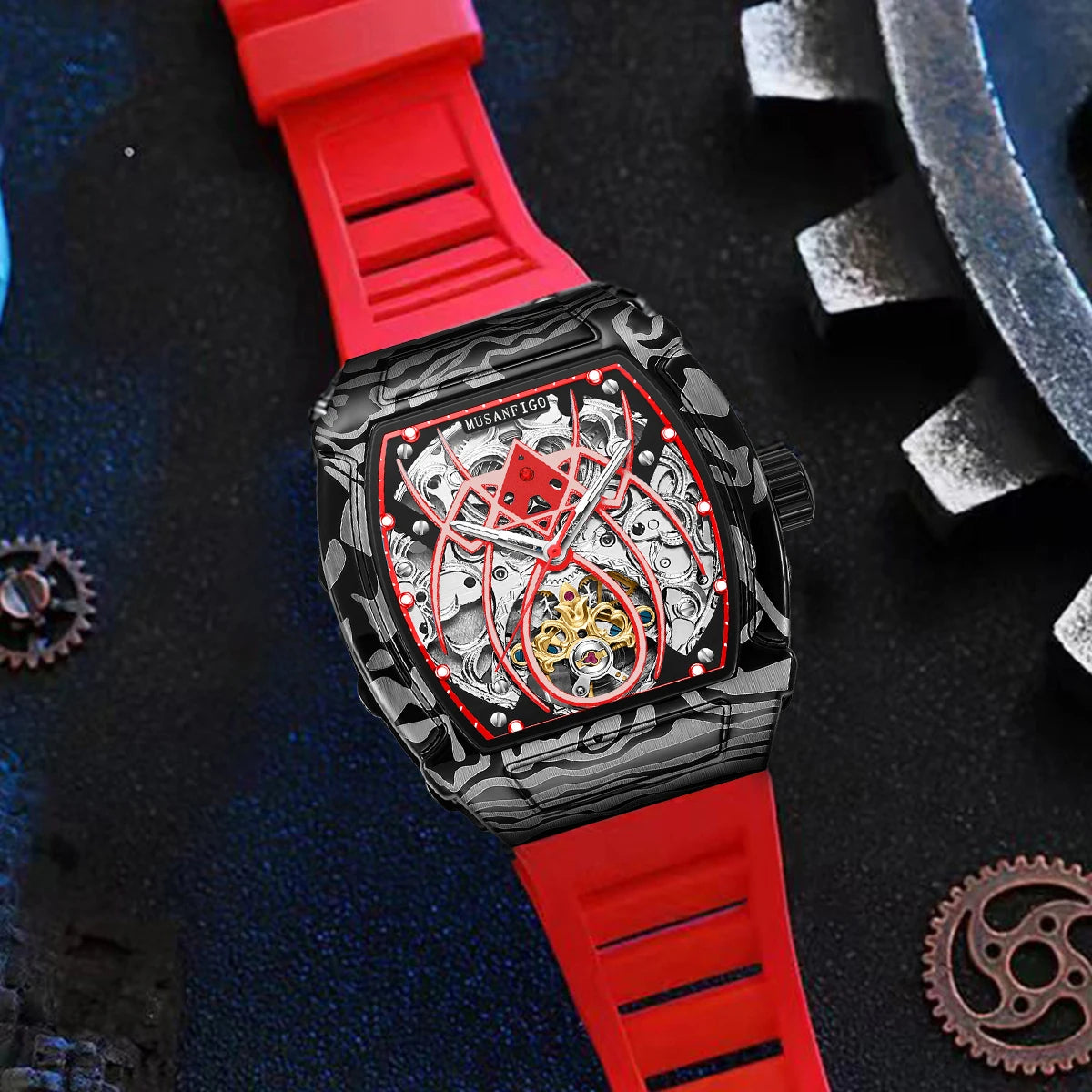 MUSANFIGO automatic hollow mechanical watch, barrel shaped fashionable men's trendy watch, luminous waterproof watch