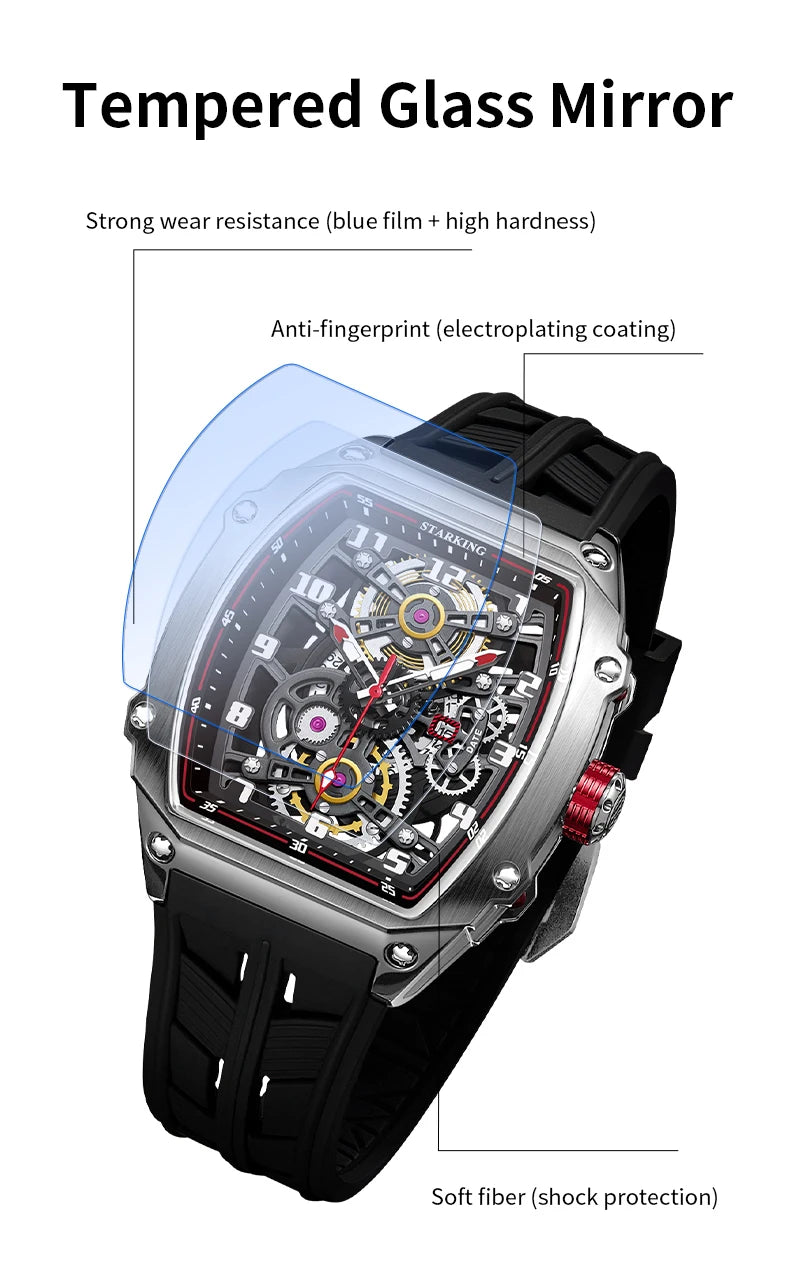 STARKING Luxury Men’s Automatic Mechanical Watch Skeleton Dial Silicone Band Tonneau Design Waterproof Luminous Sport Wristwatch