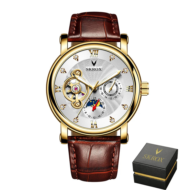 A luxury automatic mechanical watch for men, from a leading brand, featuring a tourbillon, a moon phase display and diamonds – an elegant wristwatch.
