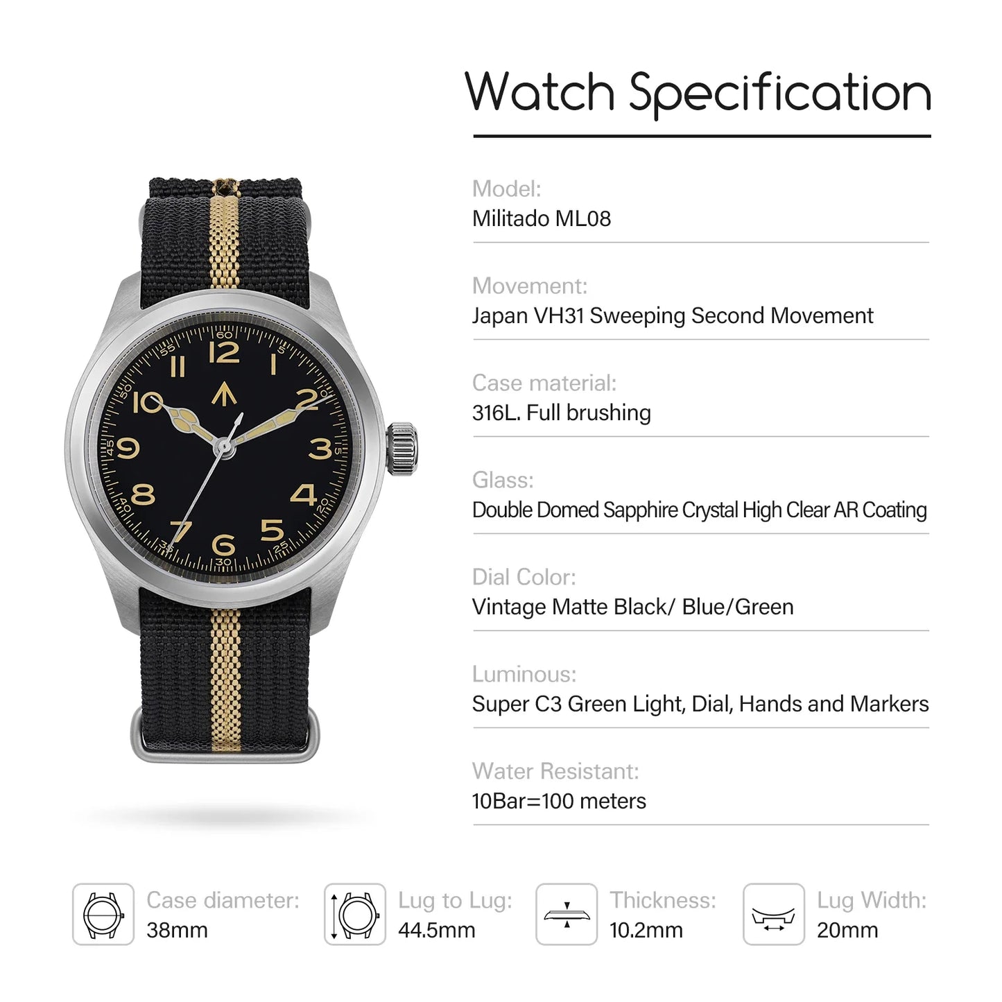 Militado ML08 V2 Vintage Quartz Watch Military VH31 Movement  Double Sapphire Crystal C3 BGW-9 Luminous Waterproof 38mm Watch