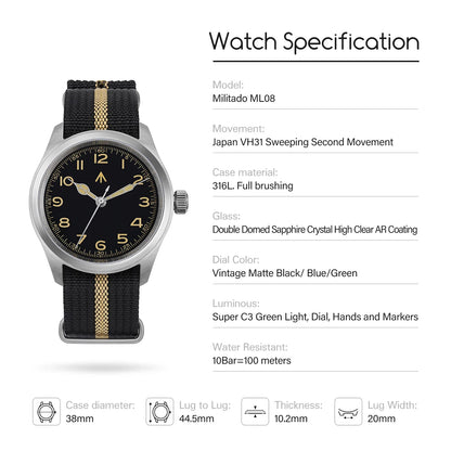 Militado ML08 V2 Vintage Quartz Watch Military VH31 Movement  Double Sapphire Crystal C3 BGW-9 Luminous Waterproof 38mm Watch