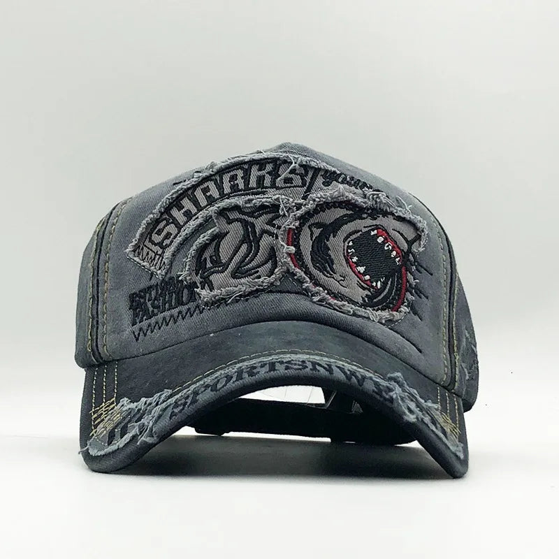 Trendy Shark Pattern Washed Baseball Cap for Men Women, Outdoor Fishing Sun Hat, Unisex Vintage Hip Hop Flat Brim Caps