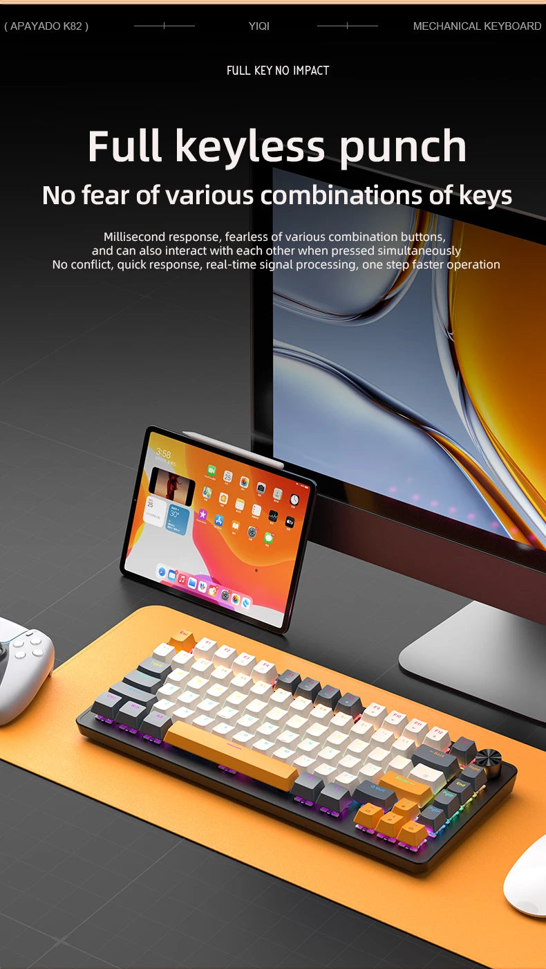 APAYADO 75% Gaming Keyboard Wired with Metal Knob, Hot-Swap K82 Black Mechanical Keyboard, ABS Transparent Character RGB