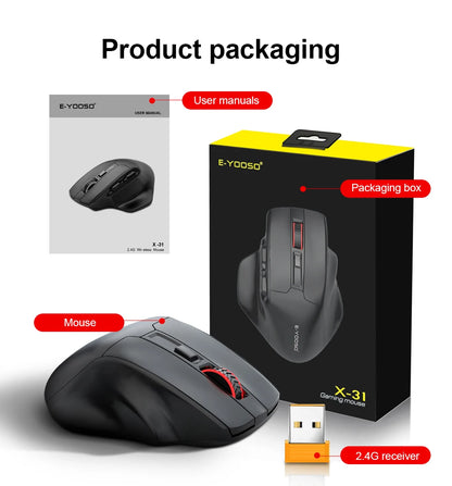 E-YOOSO X-31 ratón gaming inalámbrico USB 2.4G grande para manos grandes PAW3212 4800 DPI 5 botones para gamer, ordenador portátil y PC