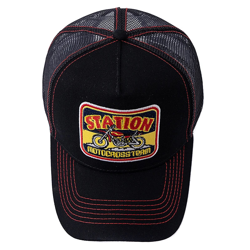 Unisex-mesh-trucker-kasket med klassisk motorcykelmønster, åndbar sommer-baseballkasket, streetwear-kasket til mænd og kvinder