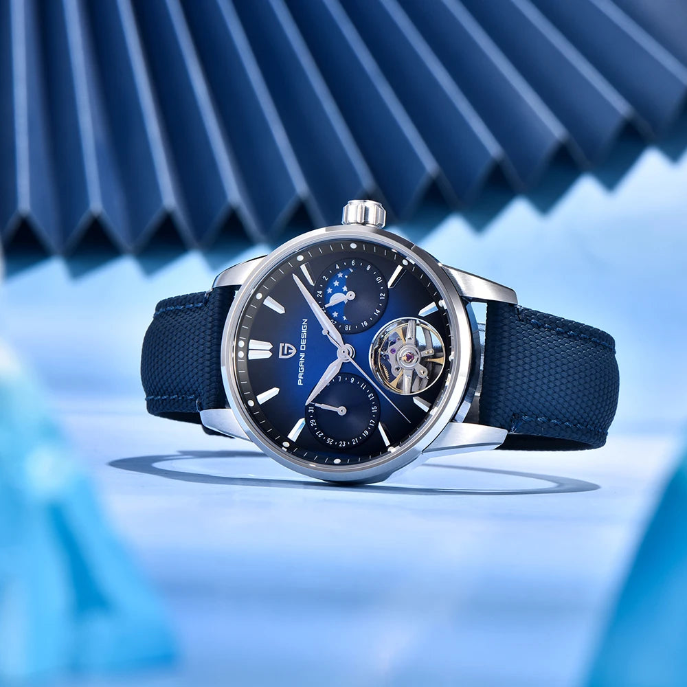 PAGANI DESIGN – Mekanisk lyxklocka för män, 41 mm, safirglas, läderarmband, vattentät, pilotstil, med tourbillon och månfas