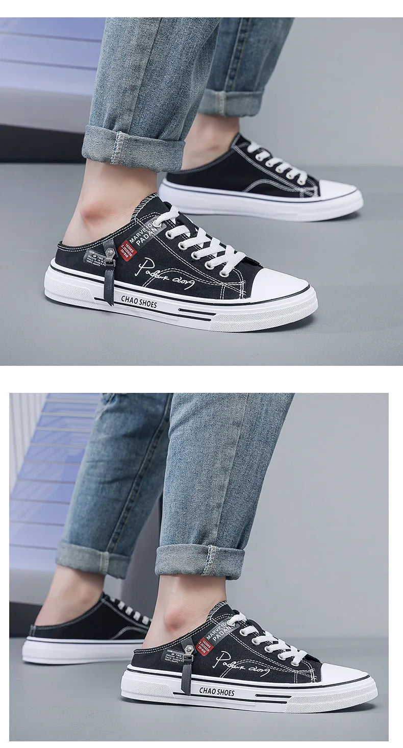 Tendance Designers hommes demi pantoufles été homme chaussures vulcanisées antidérapant résistant à l'usure chaussures en toile chaussures à bouche peu profonde pour hommes