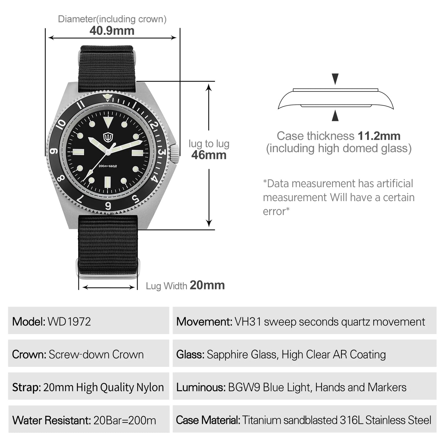Watchdives WD1972 Men Watch VH31 Sweep Seconds Quartz Movement Sapphire  Stainless Steel Watches Waterproof Luminous Wristwatch