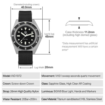 Watchdives WD1972 Men Watch VH31 Sweep Seconds Quartz Movement Sapphire  Stainless Steel Watches Waterproof Luminous Wristwatch