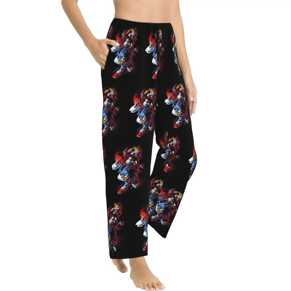 Custom Women Soniced Pajama Pants Printed Hedgehog Game Sleep Sleepwear Bottoms with Pockets