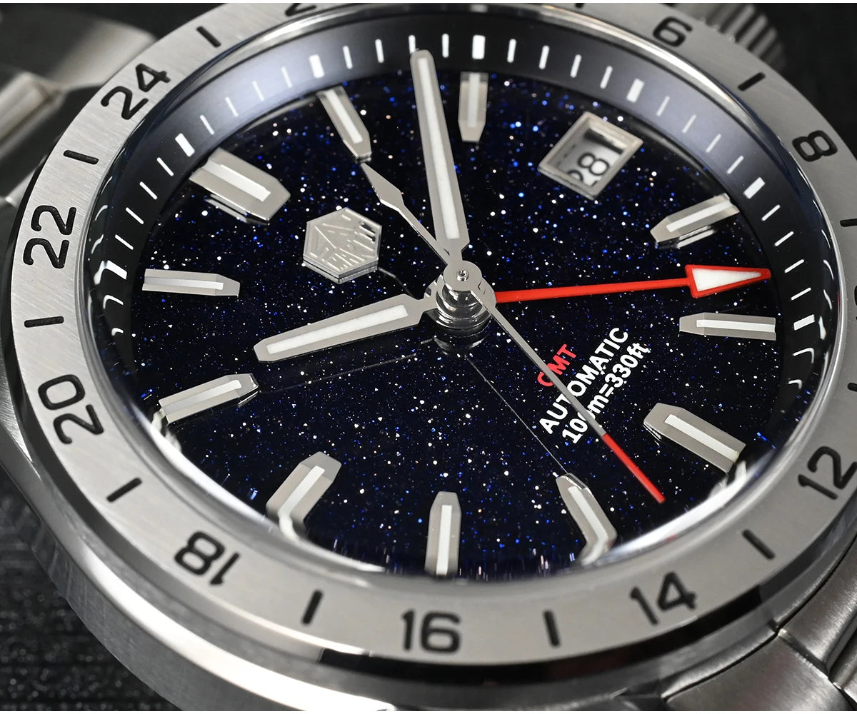 Reloj de lujo para hombre San Martin 39mm con esfera de aventurina, NH34 GMT automático mecánico, zafiro, resistente al agua, luminoso, SN0129