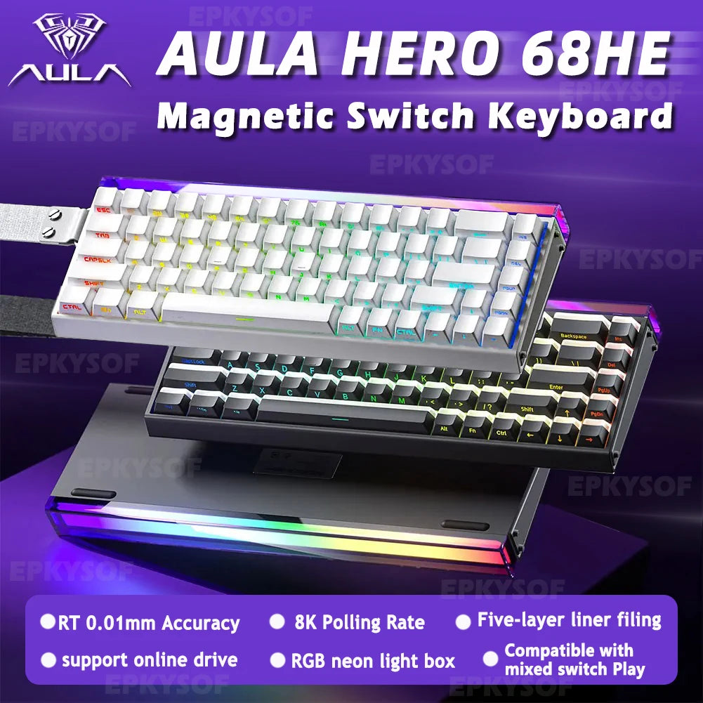 AULA HERO 68HE Teclado Mecânico Gaming RGB com Switch Magnético Rapid Trigger Retorno 8K com Fio Teclado Personalizado para Esports