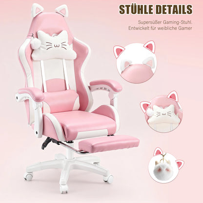 Sedia da gaming con orecchie da gatto, poltrona da computer con poggiapiedi e supporto lombare, sedia da gioco regolabile in altezza, seduta girevole a 360°