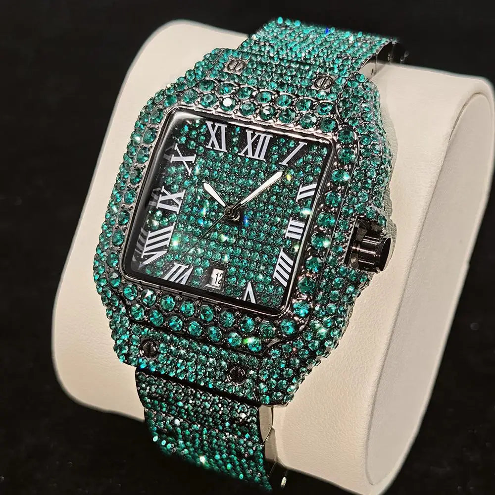 Green Diamond Watch For Men Brand UNIGUET Fashion Roman Literal Quartz Clock Man Hip Hop Iced Jewelry Square Wristwatch 2025 New