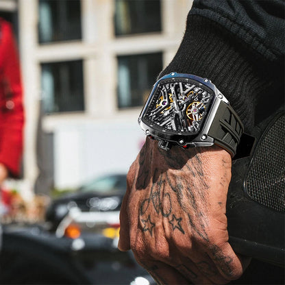 STARKING Men's Waterproof Sports Mechanical Watch, Wear-resistant Silicone Strap, Automatic, Luminous Tonneau Luxury Design