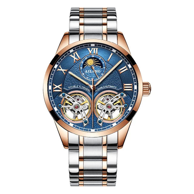 AILANG Double Tourbillon Design Business Men Mechanical Watch Fashion Leather Moon Phase Automatic Watches for Men Reloj Hombre