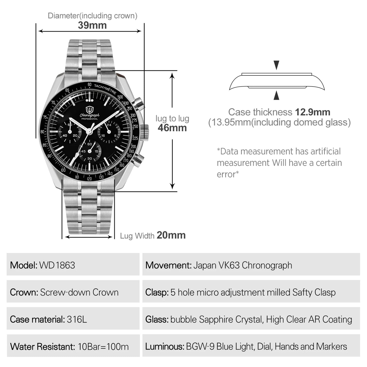 Watchdives WD1863 39mm VK63 Chronograph Watch OTF Clasp Sweep Quartz Movement Sapphire Luminous 100m Waterproof Watches