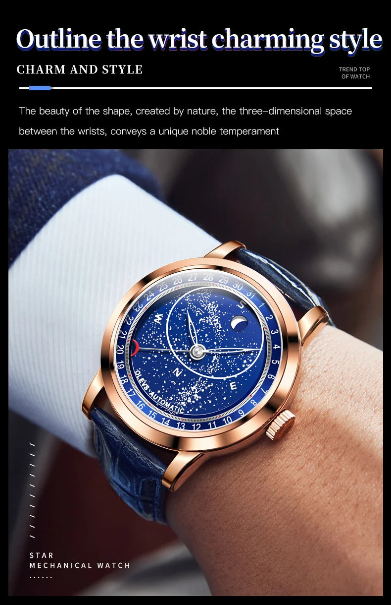 OLEVS 9923 Men's Watches Moon Phase Automatic Mechanical Watch for Man Blue Leather Luxury Dress Waterproof Luminous Wristwatch