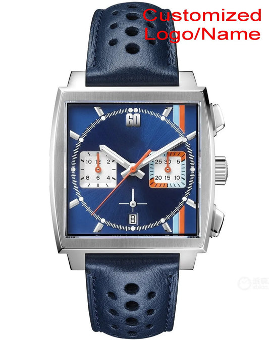 Customized Men Quartz Chronograph VK63 Movement Sapphire Glass White Black Blue Leather Strap Luminous Waterproof Shockproof