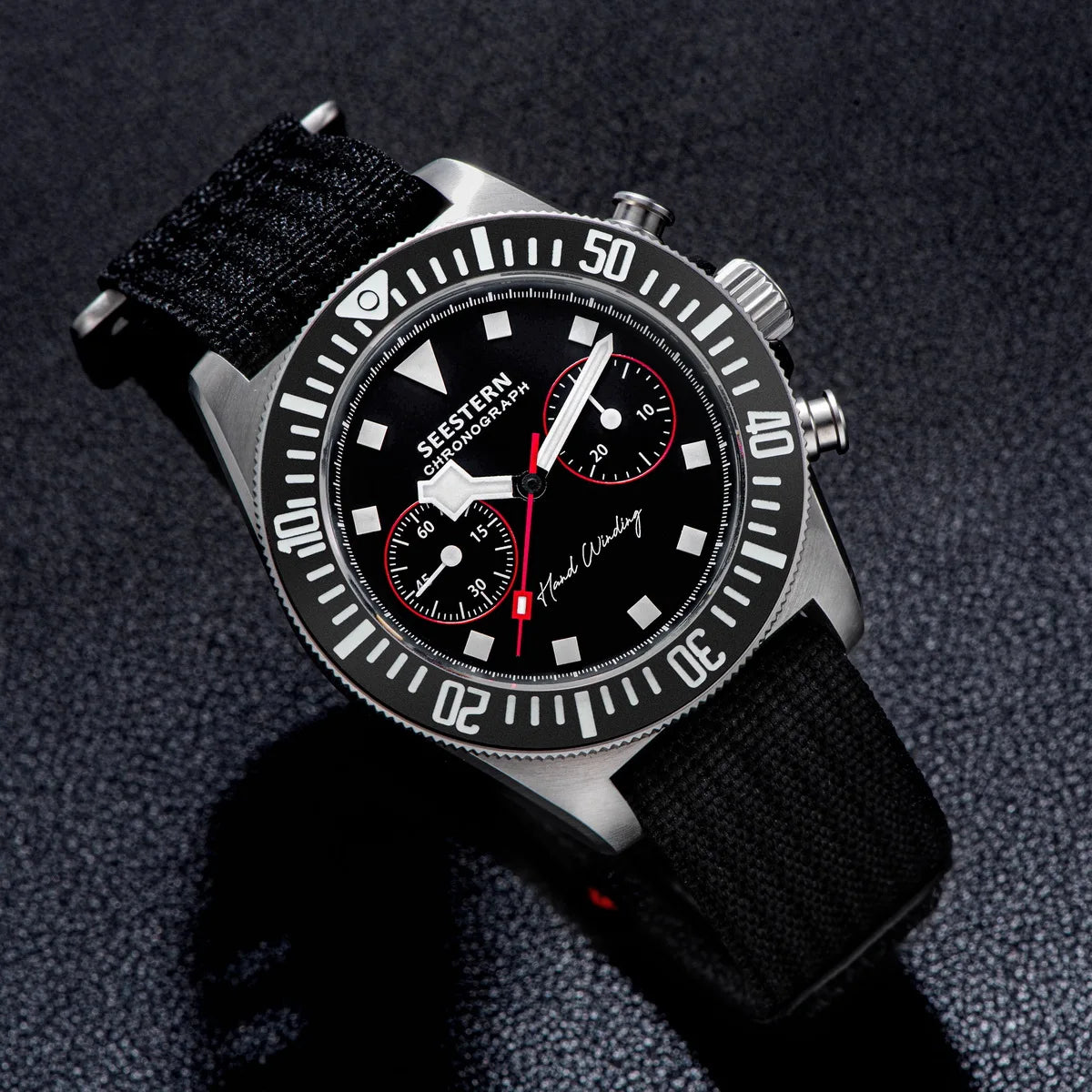 Cronógrafo SEESTERN para homem com movimento mecânico Tianjin ST1901, vidro de safira, bracelete de nylon, autocolante, luminoso, esqueleto