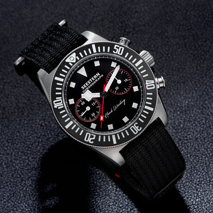 Cronógrafo SEESTERN para homem com movimento mecânico Tianjin ST1901, vidro de safira, bracelete de nylon, autocolante, luminoso, esqueleto