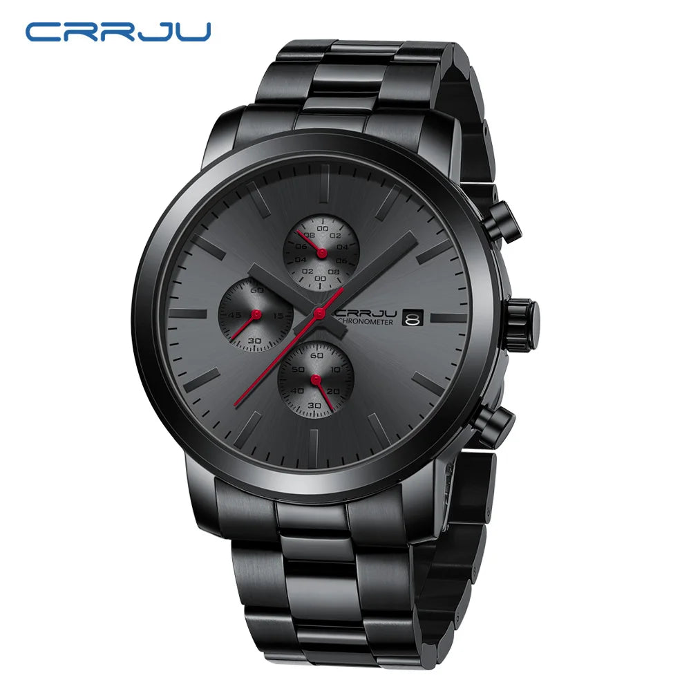 Montre pour homme CRRJU – Chronographe en acier inoxydable, étanche, avec affichage de la date, mouvement à quartz analogique, style élégant et professionnel