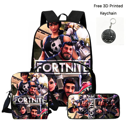 FORTNITE 3-Piece School Backpack Set with Front Pocket Bag, Crossbody Bag, and Pencil Case for Ages 5-10 Boys and Girls, Lightweight, Includes Free 3D Printed Keychain