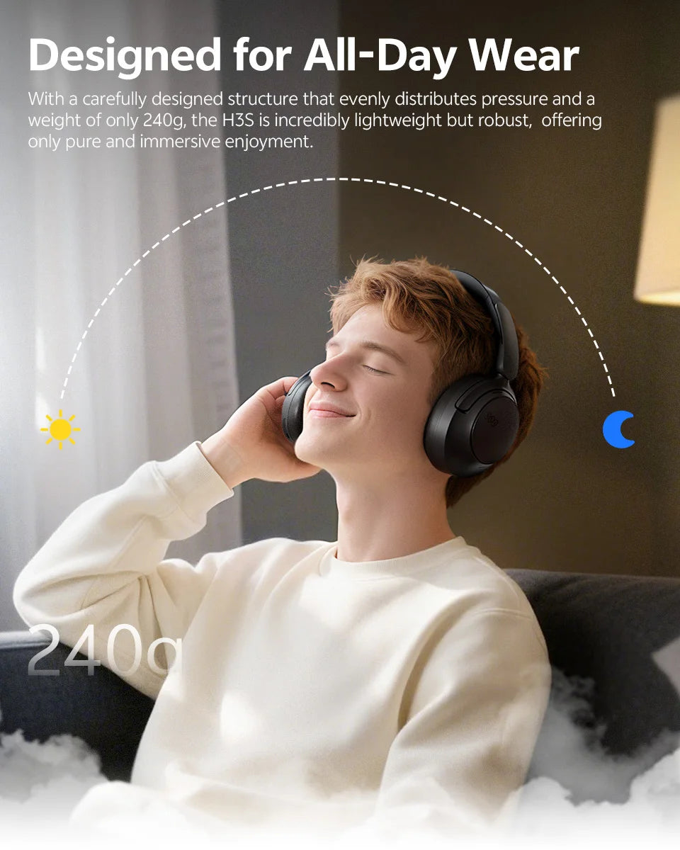 Auscultadores Over-Ear QCY H3S ANC Bluetooth 6.0 – Áudio Espacial Hi-Res LDAC, Cancelamento de Ruído Adaptativo -56dB, Auscultadores Sem Fios