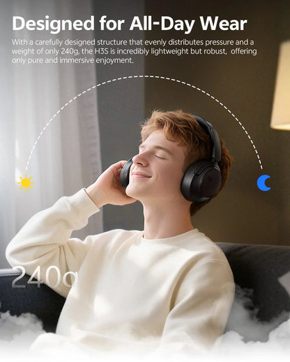 Auscultadores Over-Ear QCY H3S ANC Bluetooth 6.0 – Áudio Espacial Hi-Res LDAC, Cancelamento de Ruído Adaptativo -56dB, Auscultadores Sem Fios